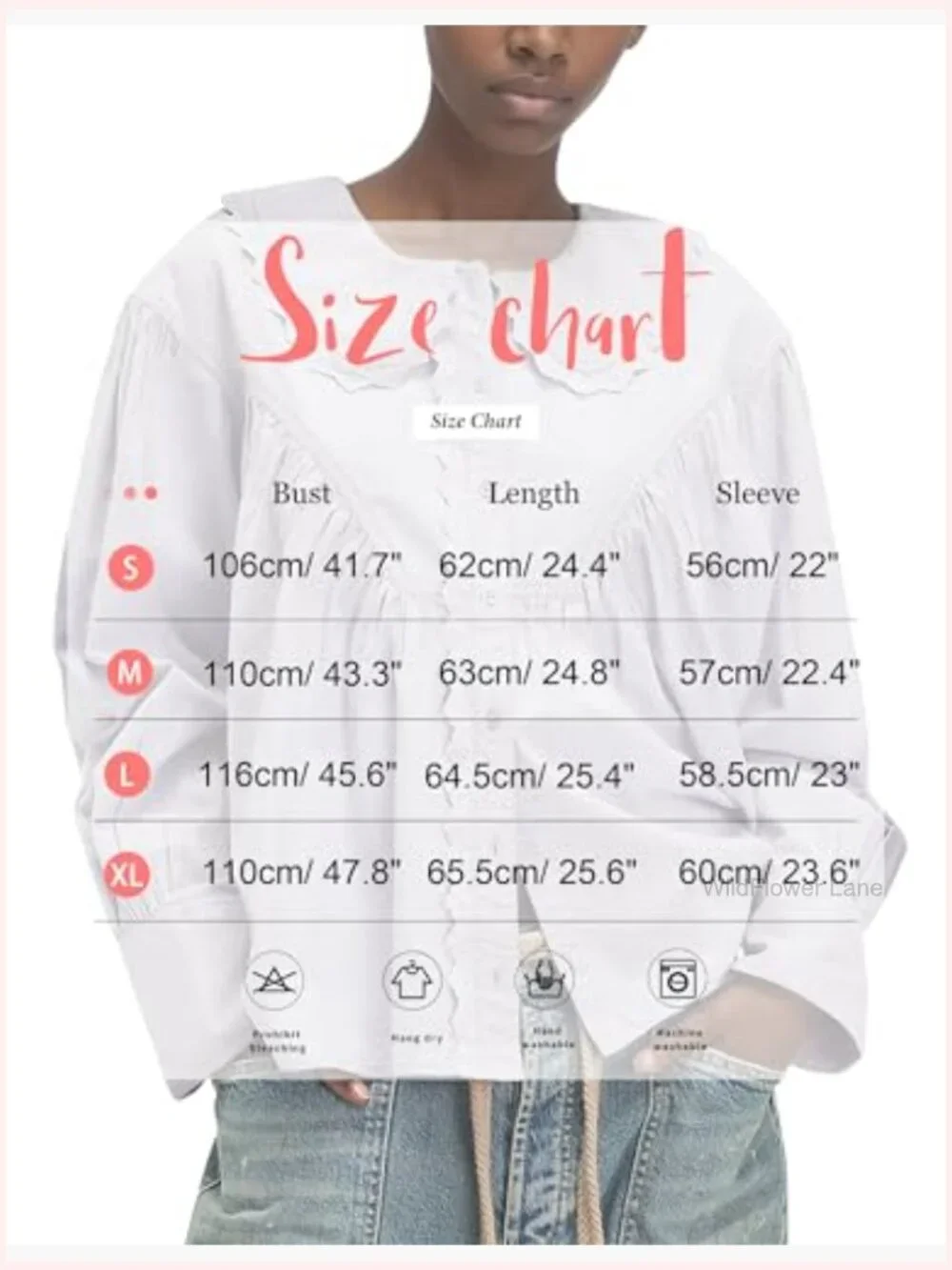 Cotton Button Down Blouse Lace Trim Loose Fit Peter Pan Collar Long Sleeve Work - Picture 5 of 7